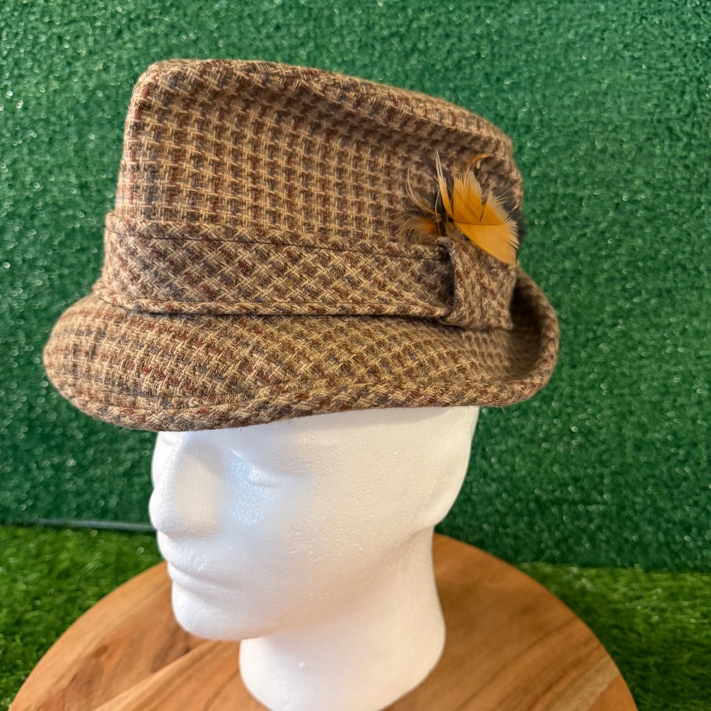 Pendleton Fedora Hat Mens 7 1/8 Brown Tweed Feather Vintage 100% Virgin Wool